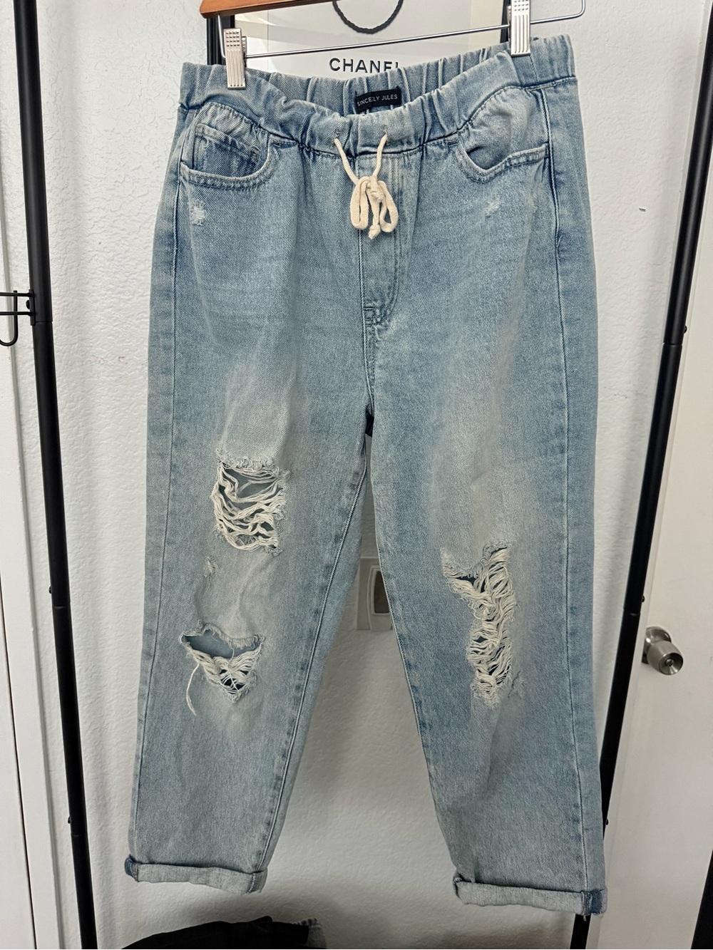 Sincerely Jules Light Blue Drawstring distressed Denim Joggers